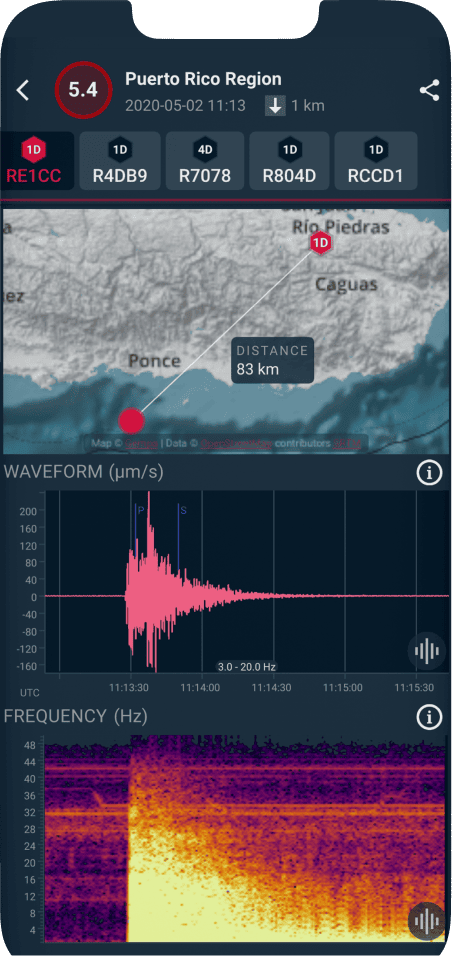 Mobile app — recent earthquakes list